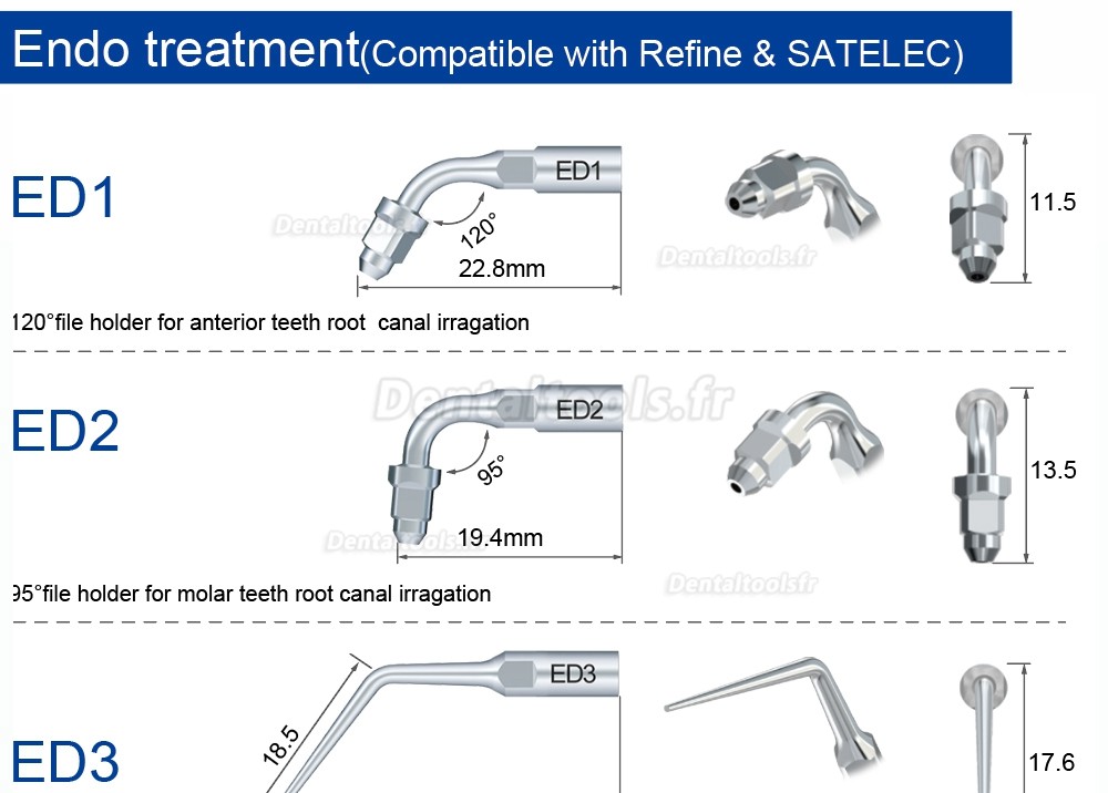 Refine insert ultrasonique endodontie ED1 ED2 ED3 ED4 ED5 ED6 ED7 ED8 ED9 ED10 ED11 ED14 ED15 compatible avec SATELEC NSK DTE