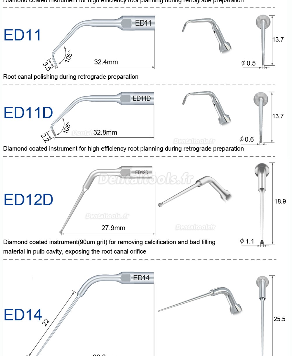 Refine insert ultrasonique endodontie ED1 ED2 ED3 ED4 ED5 ED6 ED7 ED8 ED9 ED10 ED11 ED14 ED15 compatible avec SATELEC NSK DTE