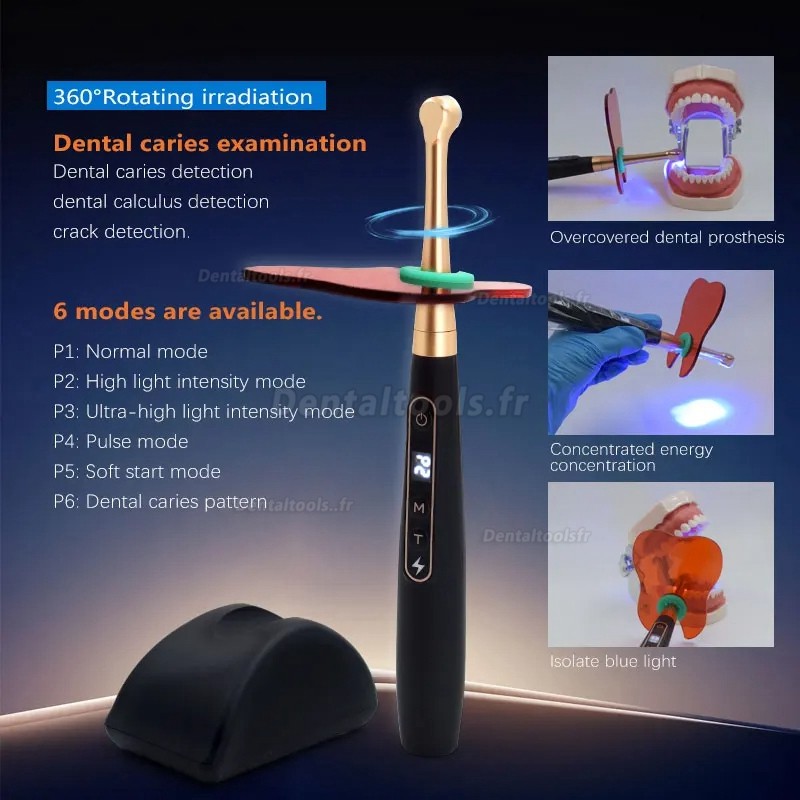 Lampe dentaire à polymérisation LED sans fil 1 seconde avec détection des caries 6 Modes 1800MW/CM2