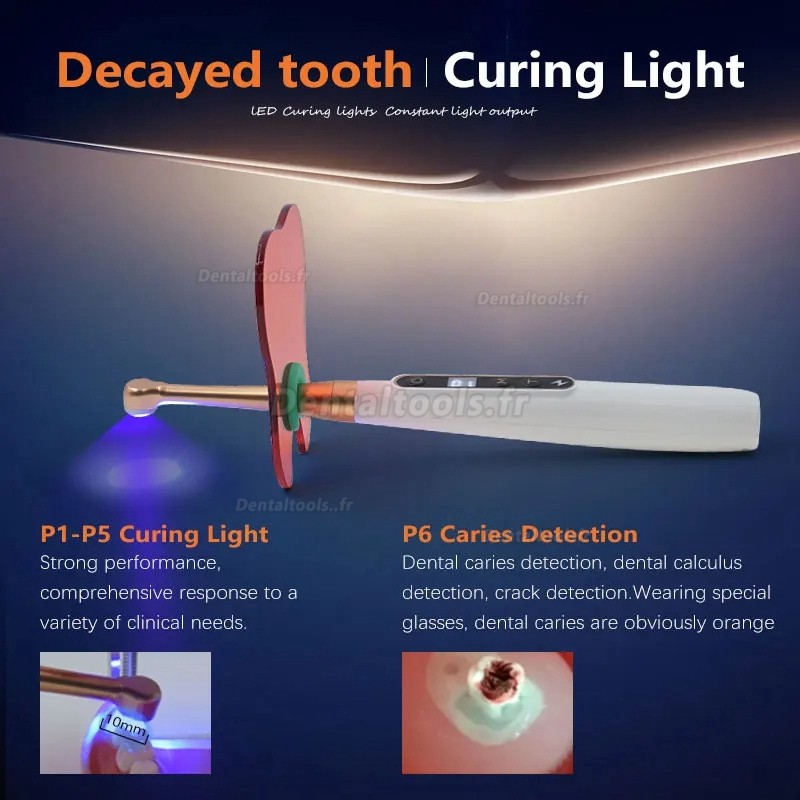 Lampe dentaire à polymérisation LED sans fil 1 seconde avec détection des caries 6 Modes 1800MW/CM2