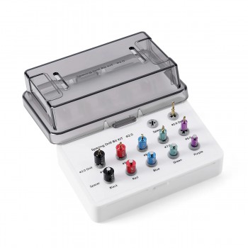 Kit de guide de forage et de positionnement d'implant avec forets d'écartement et boîte de stérilisation