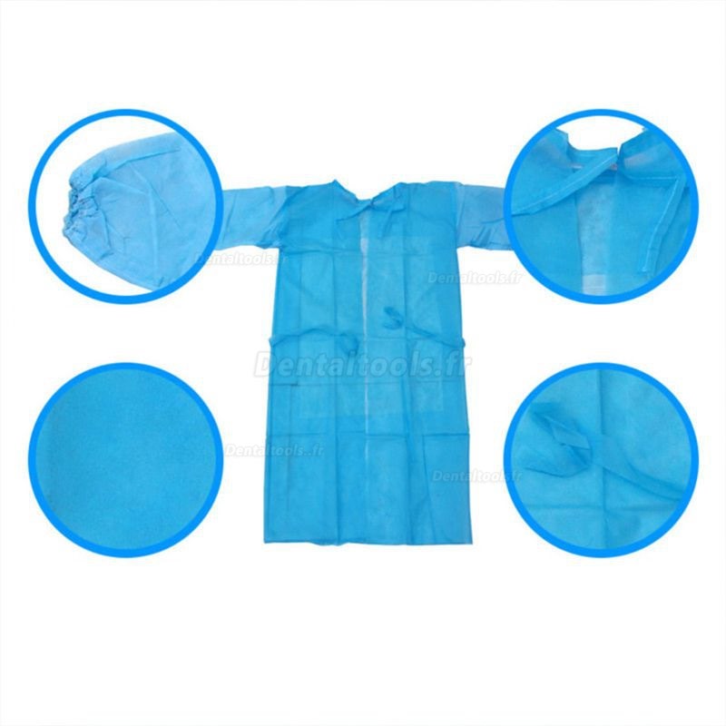 Paquet de 10 non-tissé bleu robe d’isolement jetable robe d'isolement de protection vêtements résistant aux fluides impe