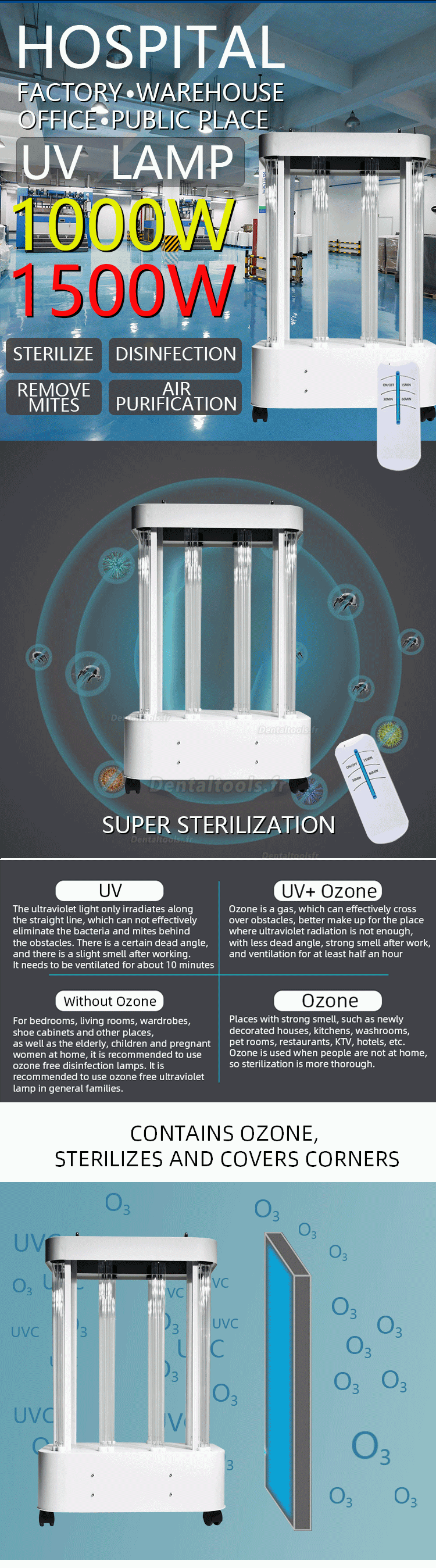 1500W Stérilisateur de lumière UVC mobile de grand espace d'hôpital d'usine de lampe de désinfection de pièce UV