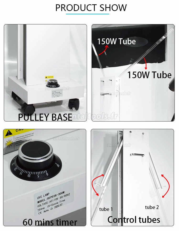 300W Haute puissance chariot mobile de stérilisateur de lumière ultraviolette UV avec capteurs radar