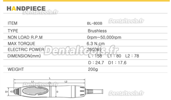 Maisilao® Pièce à main de micromoteur dentaire sans balais BL-800B 50 000 RPM