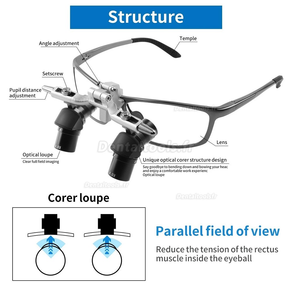 4.0X 5.0X 6.0X 350 &agrave; 450 mm loupe dentaire chirurgicale ergo relevable