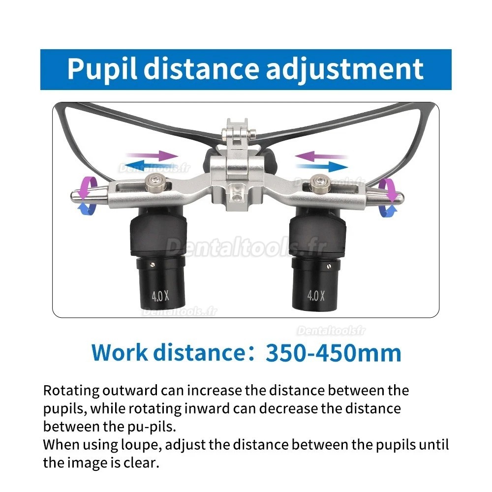 4.0X / 5.0X / 6.0X 350 &agrave; 450mm 48&deg;loupe dentaire ergonomique relevable avec lampe LED 5W