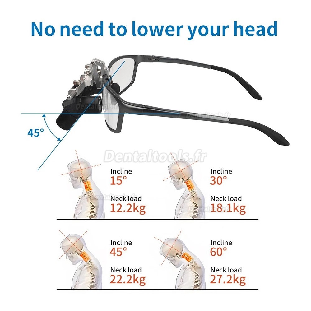4.0X / 5.0X / 6.0X 350 &agrave; 450mm 48&deg;loupe dentaire ergonomique relevable avec lampe LED 5W
