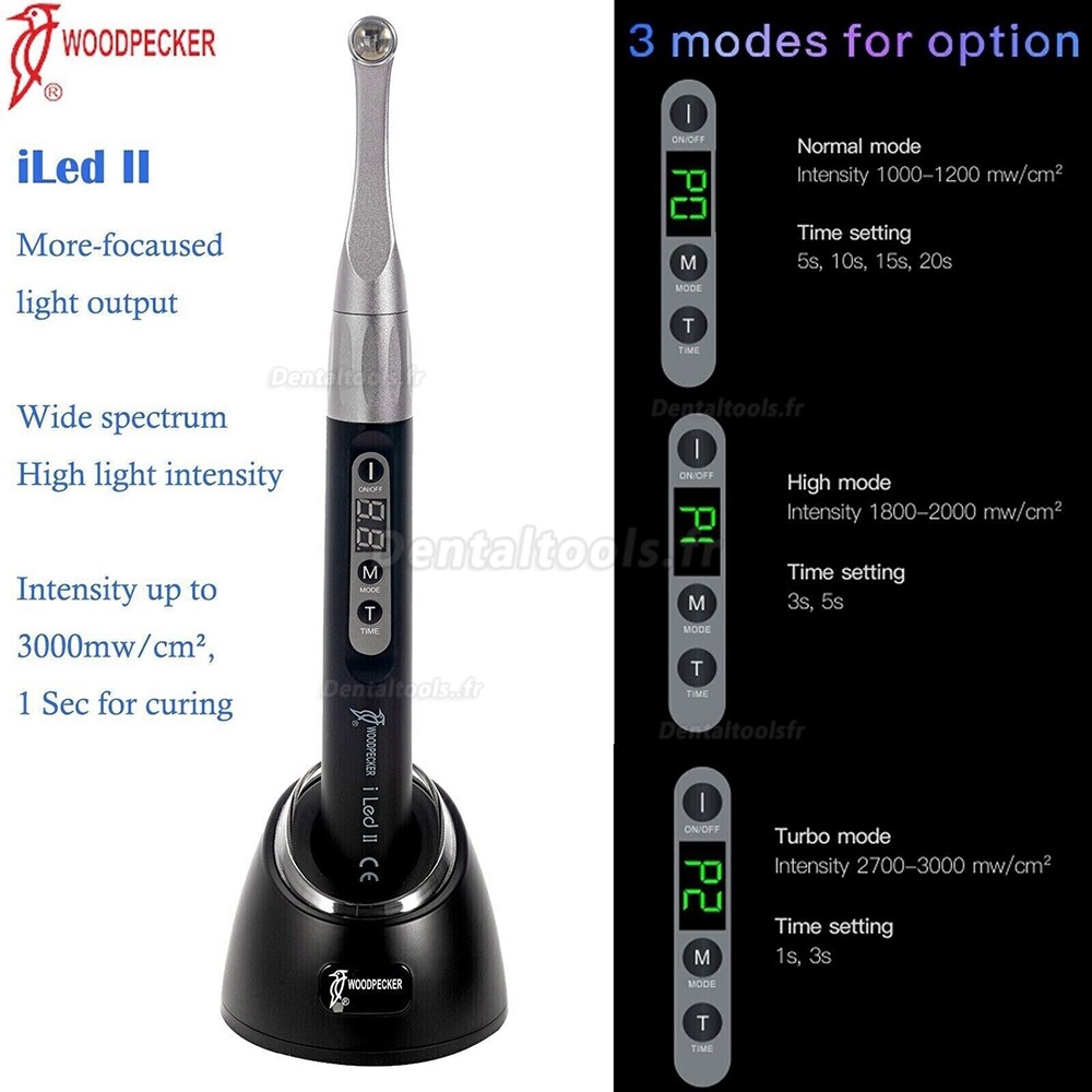 Woodpecker iLED II Lampe dentaire à polymérisation LED tête métallique à polymérisation en 1 seconde 3000mW/cm²
