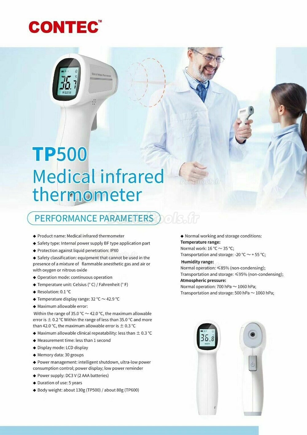 Thermomètre infrarouge frontal IR Thermomètre sans contact pour bébé / adulte TP500