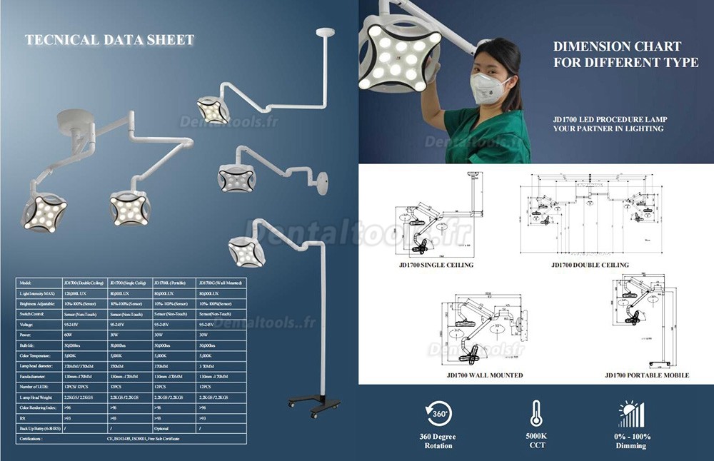 JD1700 Lampe opératoire dentaire à LED montée au plafond à double tête vétérinaire médical