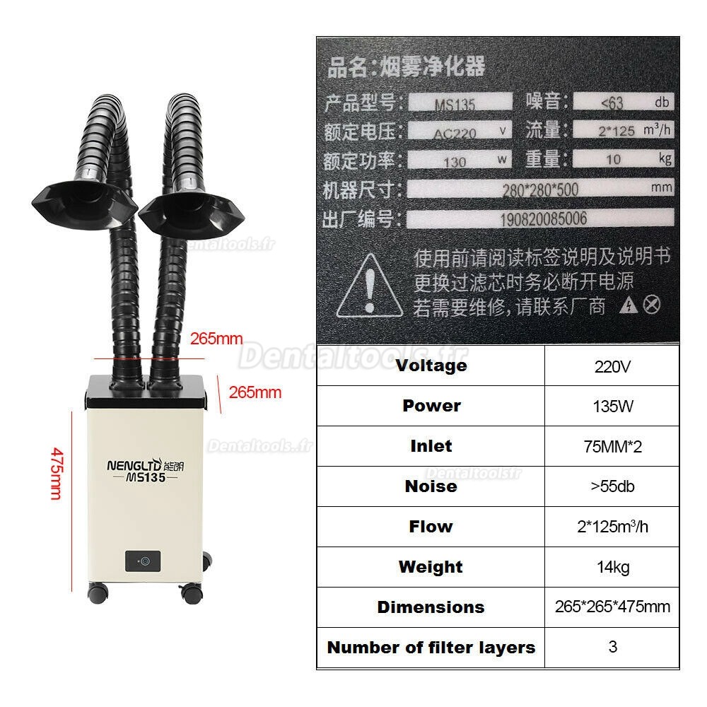 Extracteur de fumée d'air pur mobile soudure soudage purificateur de fumée filtre Double tête MS135