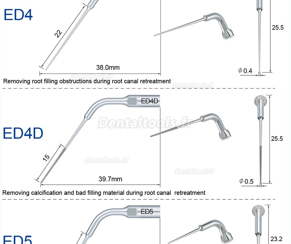 Refine insert ultrasonique endodontie ED1 ED2 ED3 ED4 ED5 ED6 ED7 ED8 ED9 ED10 ED11 ED14 ED15 compatible avec SATELEC NSK DTE