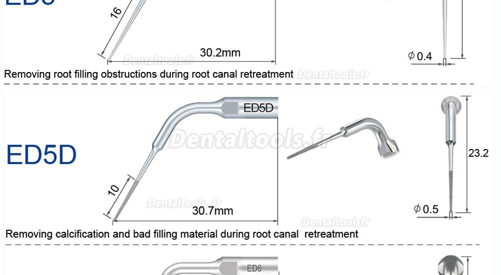 Refine insert ultrasonique endodontie ED1 ED2 ED3 ED4 ED5 ED6 ED7 ED8 ED9 ED10 ED11 ED14 ED15 compatible avec SATELEC NSK DTE