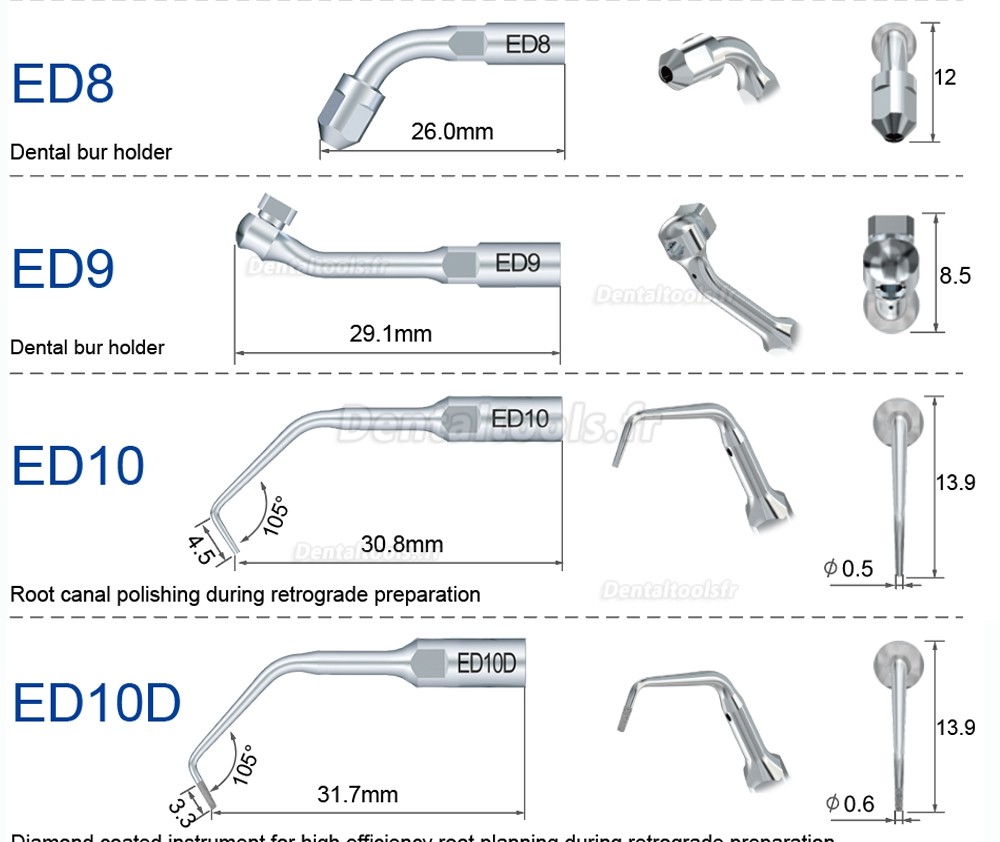 Refine insert ultrasonique endodontie ED1 ED2 ED3 ED4 ED5 ED6 ED7 ED8 ED9 ED10 ED11 ED14 ED15 compatible avec SATELEC NSK DTE