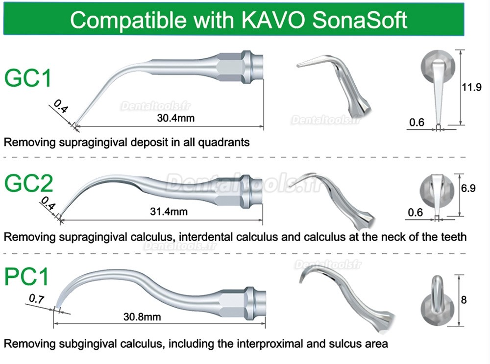 5Pcs Pointe à ultrasons pour détartreur pneumatique GC1 GC2 PC1 compatible avec KAVO SonaSoft détartreur