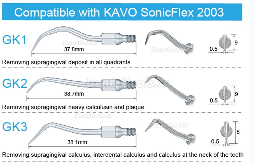 5Pcs Inserts ultrasoniques GK1 GK2 GK3 GK4 GK5 GK6 GK7 GK12 GK14 GK16 compatible avec piece a main Ultrason KAVO SONICflex