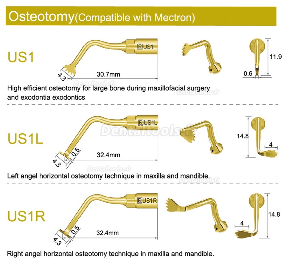 1Pcs Inserts piezochirurgie dentaire US1 US1L US1R US2 US3 US4 US5 US6 US7 US11 US12 compatible avec Mectron Woodpecker