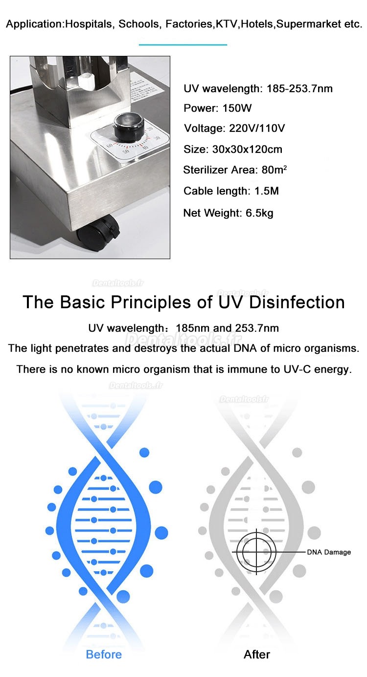 150W Mobile UV + Ozone chariot de désinfection lampe UVC lampe de stérilisation lampe ultraviolette germicide lumière