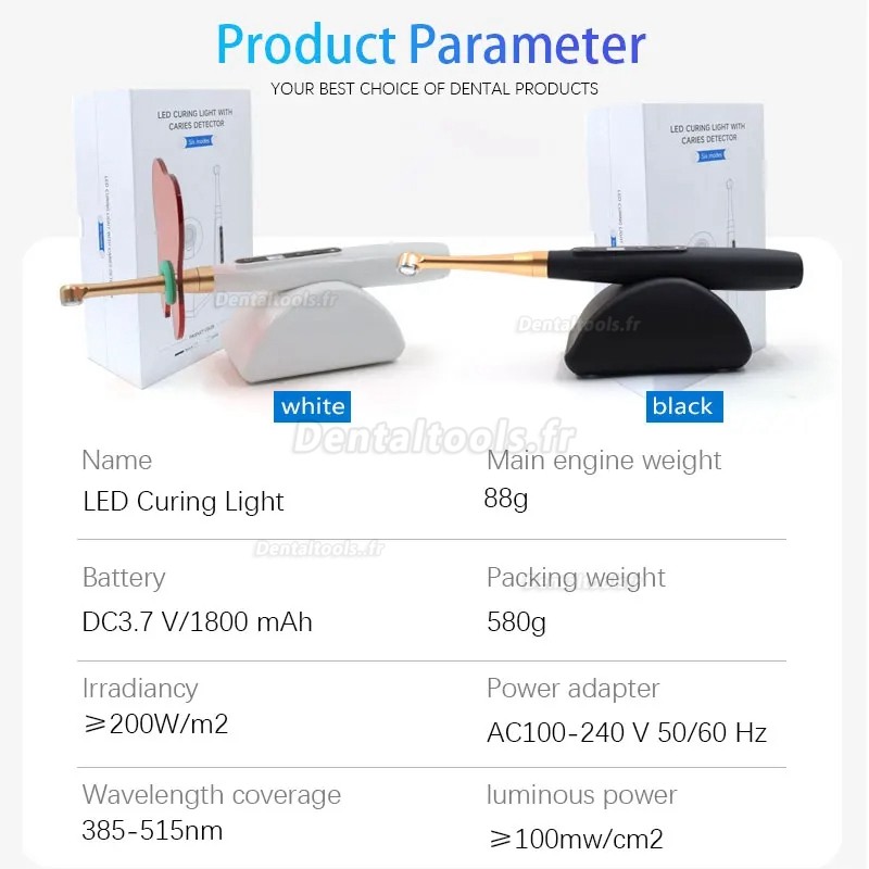 Lampe dentaire à polymérisation LED sans fil 1 seconde avec détection des caries 6 Modes 1800MW/CM2