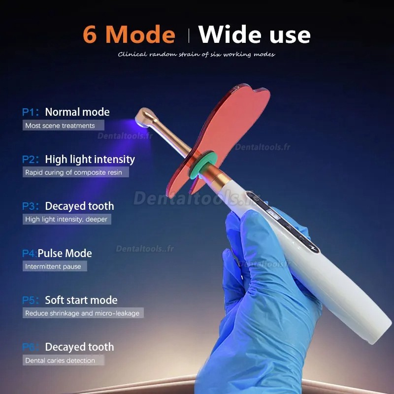 Lampe dentaire à polymérisation LED sans fil 1 seconde avec détection des caries 6 Modes 1800MW/CM2