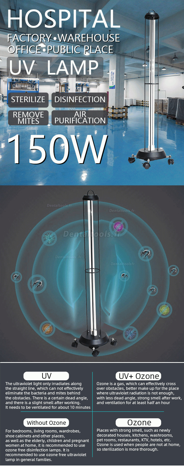 150W Commercial 150W Commercial Lampe germicide ultraviolette de chariot de stérilisateur de pièce de lumière UVC avec d