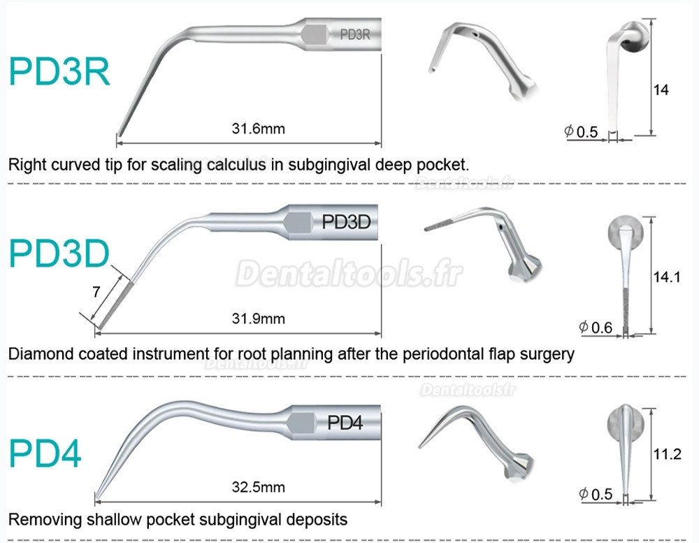 10Pcs Dental Scaler Scaling Tips PD2L PD2LD PD2R PD2RD PD5 PD6 PD7 PD8 PD10 compatible avec SATELEC NSK DTE GNATUS Scaler Handpiece