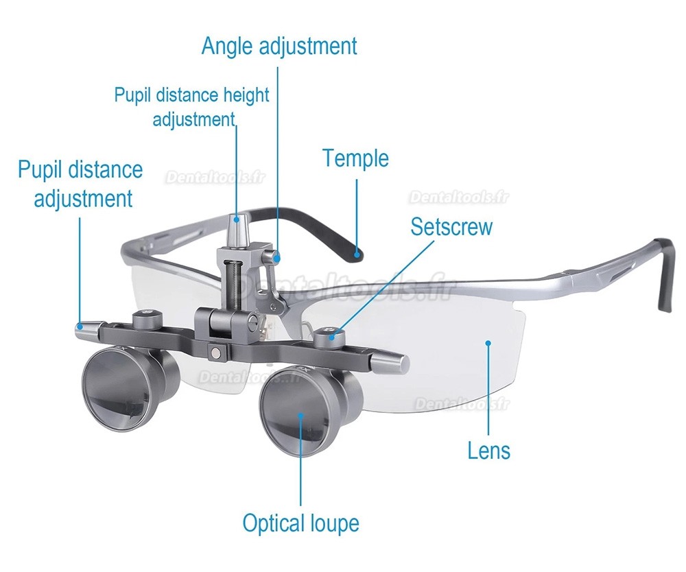 DY-118 2.5X 450mm loupe dentaire chirurgicale monture aluminium &eacute;cart pupillaire r&eacute;glable