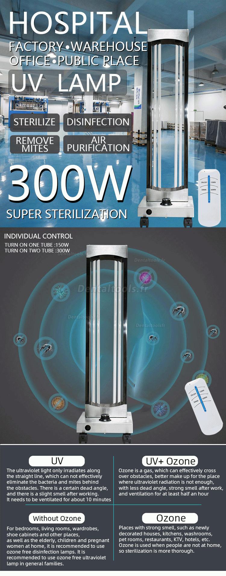 300W Professionnel Chariot de stérilisation à l'ozone UV Lampe germicide Chariot de désinfection à la lumière UVC Acier 